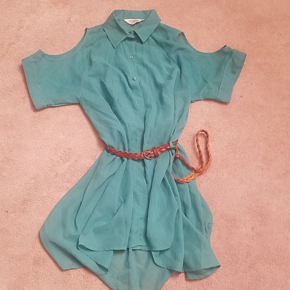 Sheer green cut out shoulder button down shirt siz